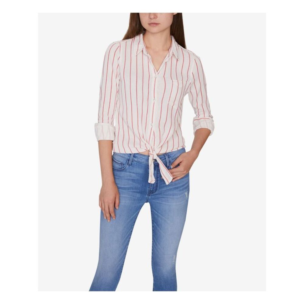 SANCTUARY Womens White Tie Front Hem Cuffed Sleeve Point Collar Button Up Top L